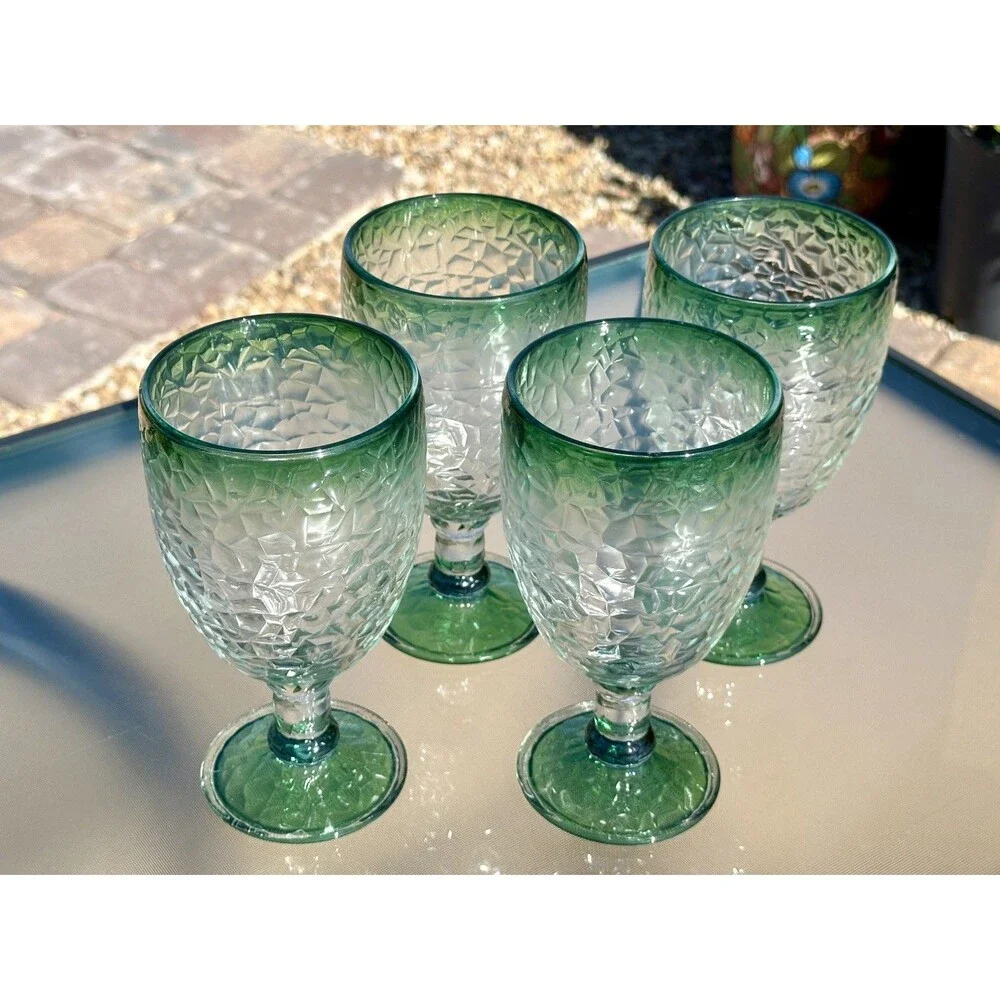 4 Libbey Crackle Pattern Texture Frost Juniper Green Rim Water Goblets Christmas